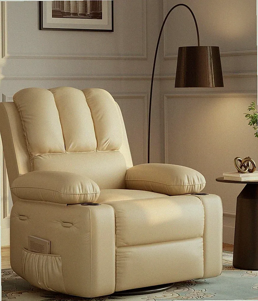 22” Oversized Recliner Chairs w/ Heat+Massage, 360° Swivel Manual Rocking Chair