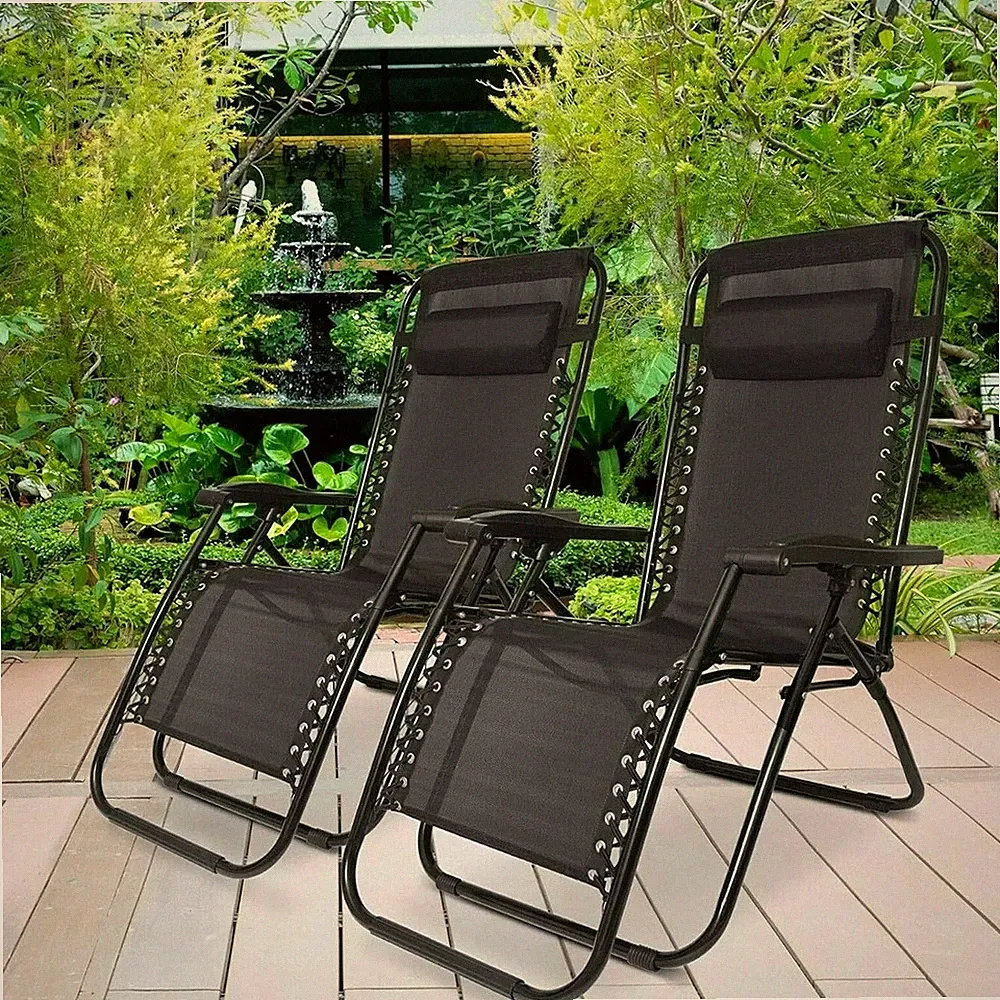 2X Zero Gravity Reclining Chair Garden Sun Lounger Folding With Pillow