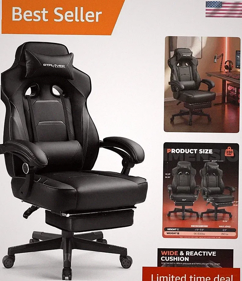 Ergonomic Big & Tall Gaming Chair - 350lb Capacity with Reclining Footrest